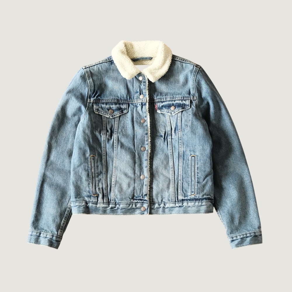 Levi's Premium Sherpa Trucker Jacket Blue Medium Wash Denim Faux Fur Collar L